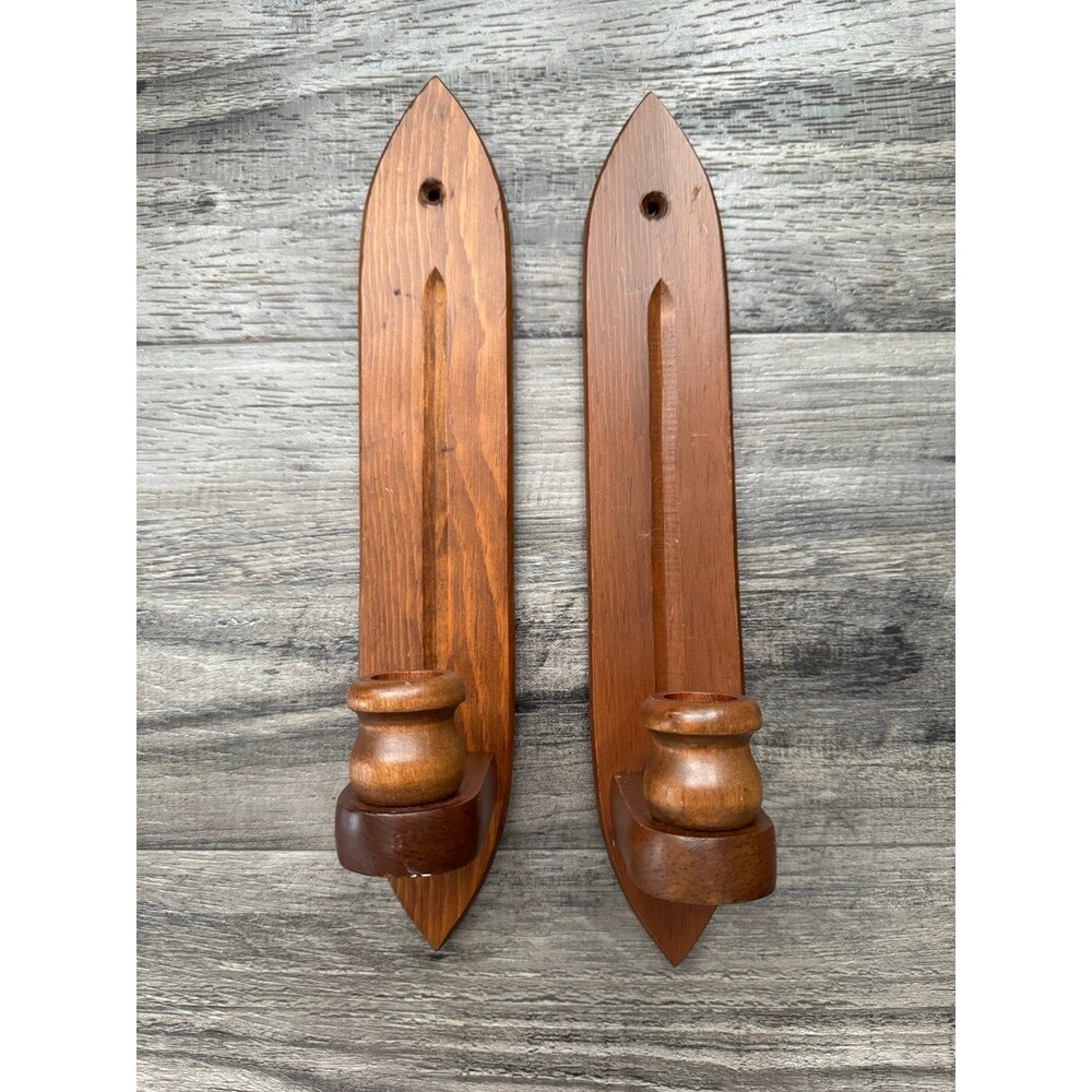 vintage Danish Amish wood wall sconces feature a pointed diamond shape carved